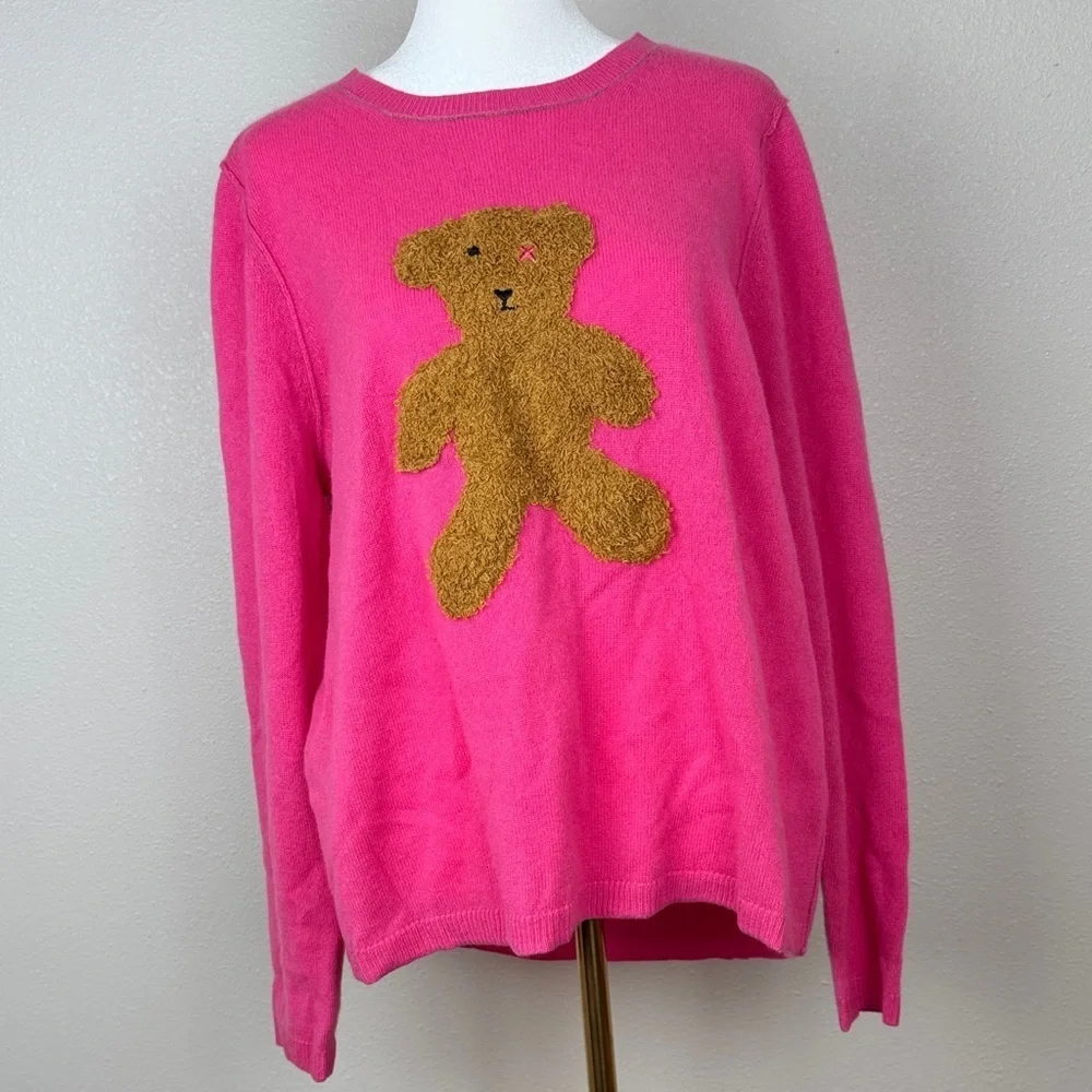 Lisa Todd Teddy Bear Graphic Intarsia Cashmere Sweater – Bright Pink – Size XL